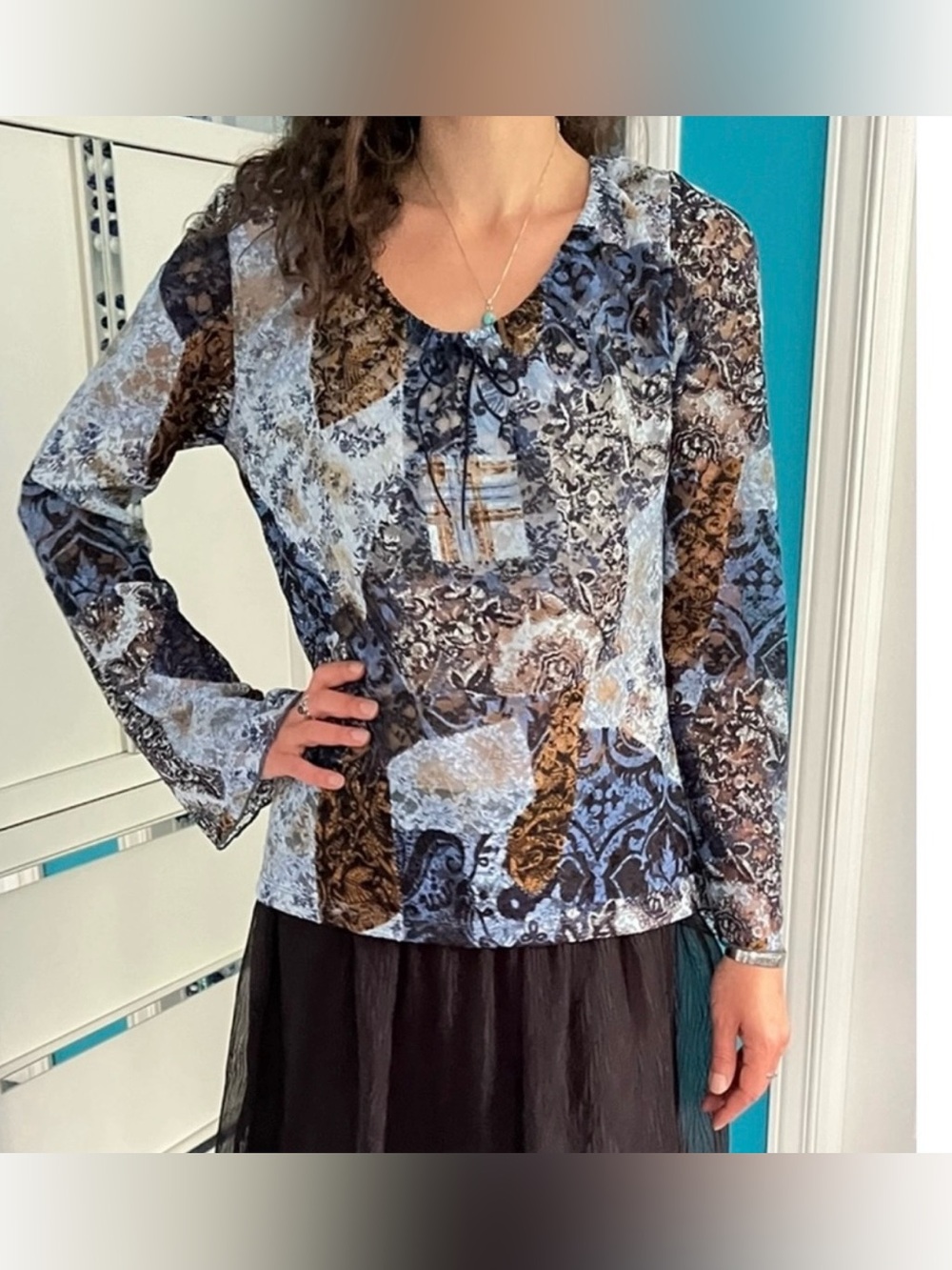 Vintage 90s laced blouse / multi-pattern print / shades of blue, brown+ black